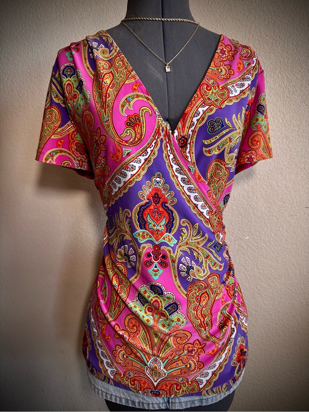 Ralph Lauren Colorful Paisley Rainbow Short Sleeve Wrap Top Blouse L